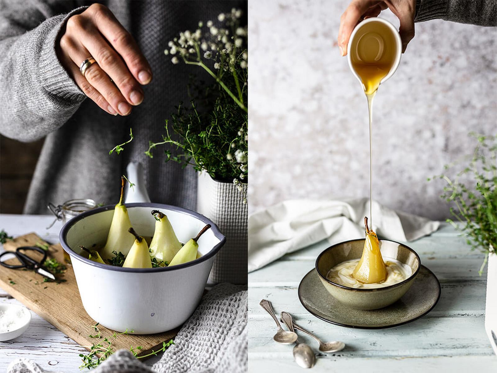 Pochierte Birnen mit Thymian und griechischem Joghurt Pochierte Birnen mit Thymian und griechischem Joghurt